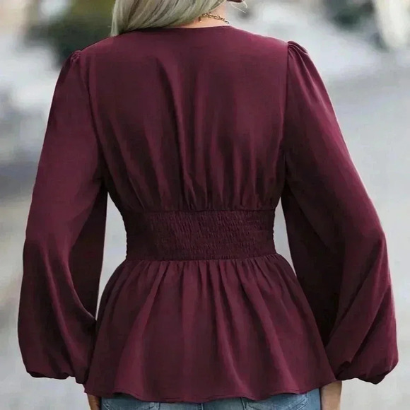 Burgundy Elegant Women's Pleated Lantern Sleeve Blouse - Picture 2 of 6